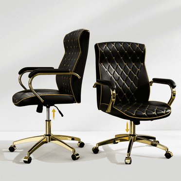 HomeZeer Black and Gold Office Chair, Ergonomic High Back Executive Desk Chair with Wheels and Arms, Modern PU Leather Computer Chair with Rocking Function, Black(Set of 2)