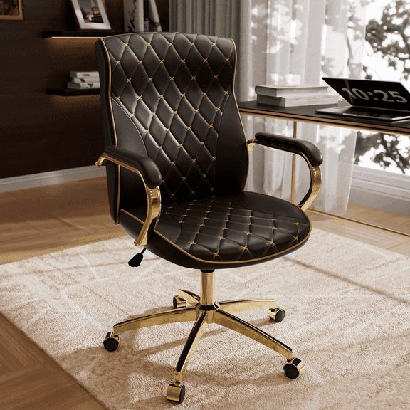 HomeZeer Black and Gold Office Chair, Ergonomic High Back Executive Desk Chair with Wheels and Arms, Modern PU Leather Computer Chair with Rocking Function, Black