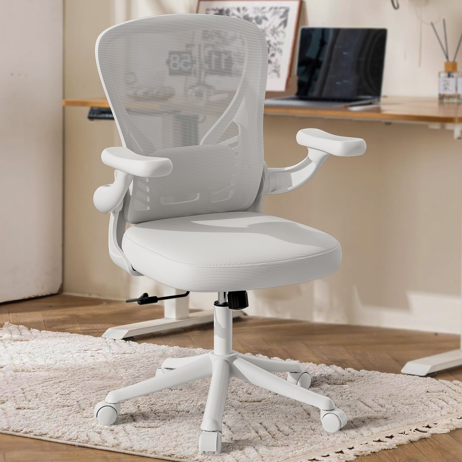 HomeZeer Computer Desk Chairs with Wheels, Middle Back Mesh Office Chair with Adjustable Arms and Lumbar support, Ergonomic Mesh Office Chair with 300 lbs, White