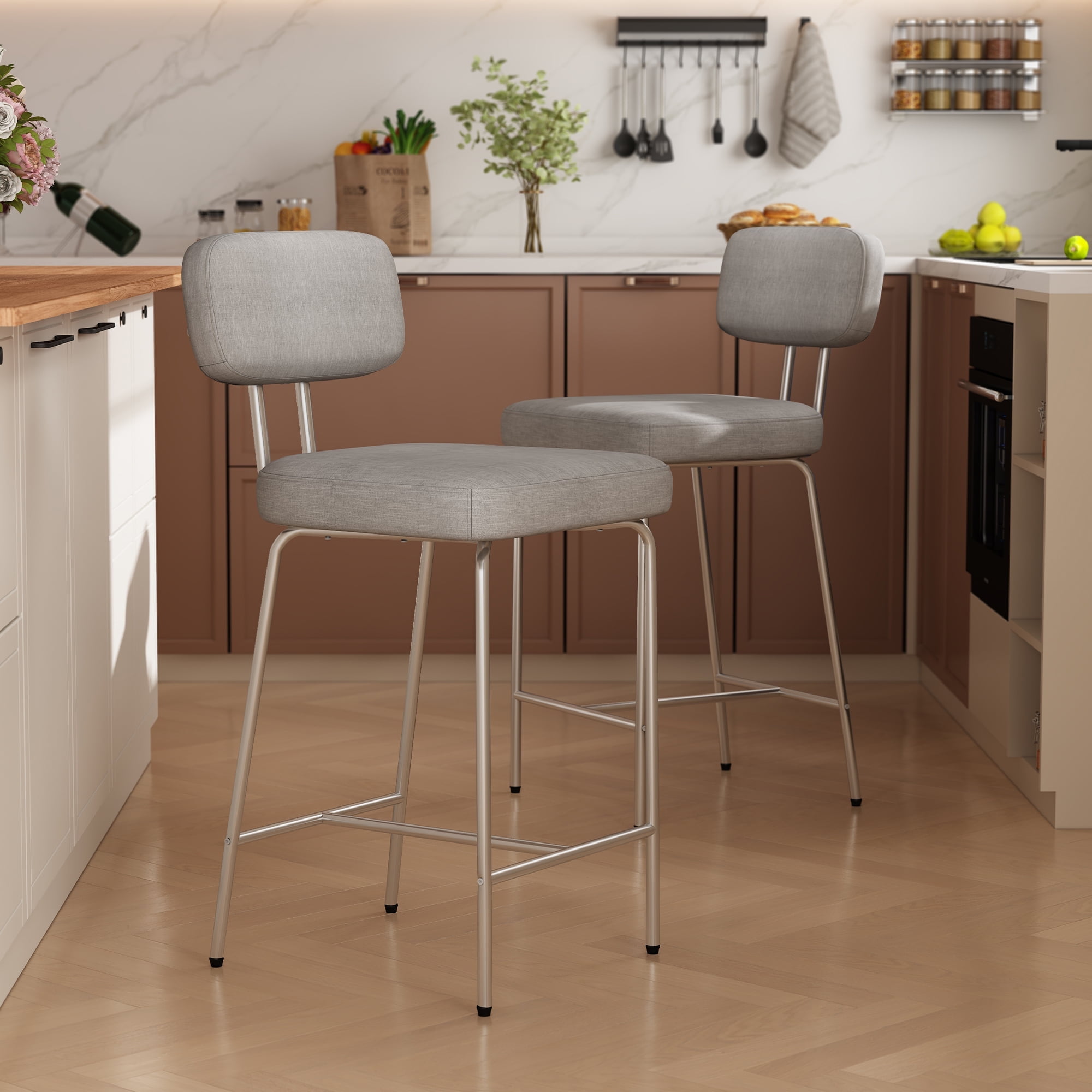 HomeZeer Counter Height Bar Stool Chairs Set of 2 27 Kitchen Island Barstools with Back and Footrest Square Line Fabric Upholstered Bar Chair in Grey Walmart