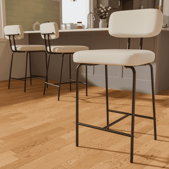 HomeZeer Counter Height Bar Stool Chairs Set of 3, 26" Kitchen Island Barstools with Back and Footrest, Square Line Fabric Upholstered Bar Chair ,White