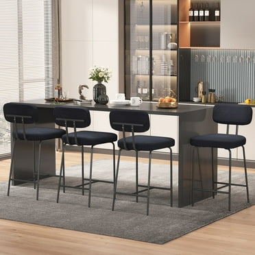 HomeZeer Counter Height Bar Stool Chairs Set of 4, 26" Kitchen Island Barstools with Back and Footrest, Square Line Fabric Upholstered Bar Chair ,Black