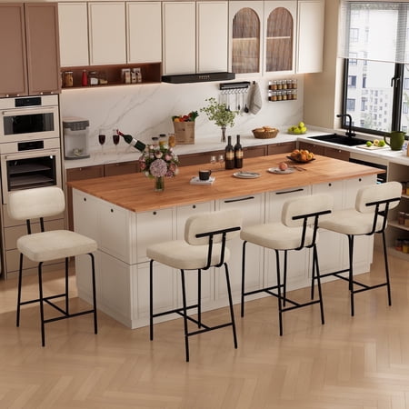 HomeZeer Counter Height Bar Stool Chairs Set of 4, 26" Kitchen Island Barstools with Back and Footrest, Square Line Fabric Upholstered Bar Chair in White