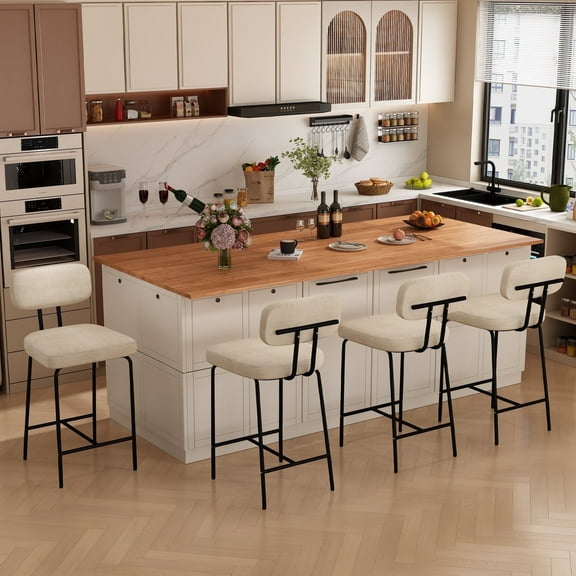 HomeZeer Counter Height Bar Stool Chairs Set of 4, 26" Kitchen Island Barstools with Back and Footrest, Square Line Fabric Upholstered Bar Chair in White
