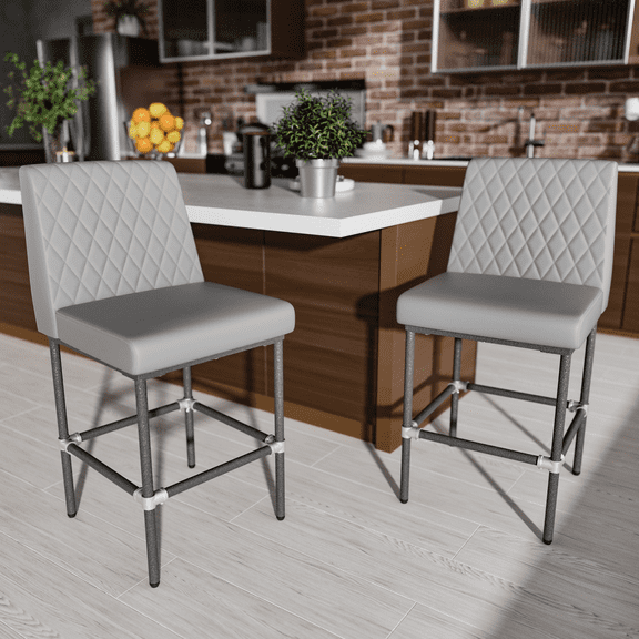 HomeZeer Counter Height Bar Stools Set of 2, 26" Industrial Kitchen Bar Stools with Back, 350lbs Modern Leather Barstools with Square Padded Seat and Painted Metal Frame for Kitchen Island, Gray