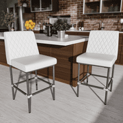 HomeZeer Counter Height Bar Stools Set of 2, 26" Industrial Kitchen Bar Stools with Back, 350lbs Modern Leather Barstools with Square Padded Seat and Painted Metal Frame for Kitchen Island, White