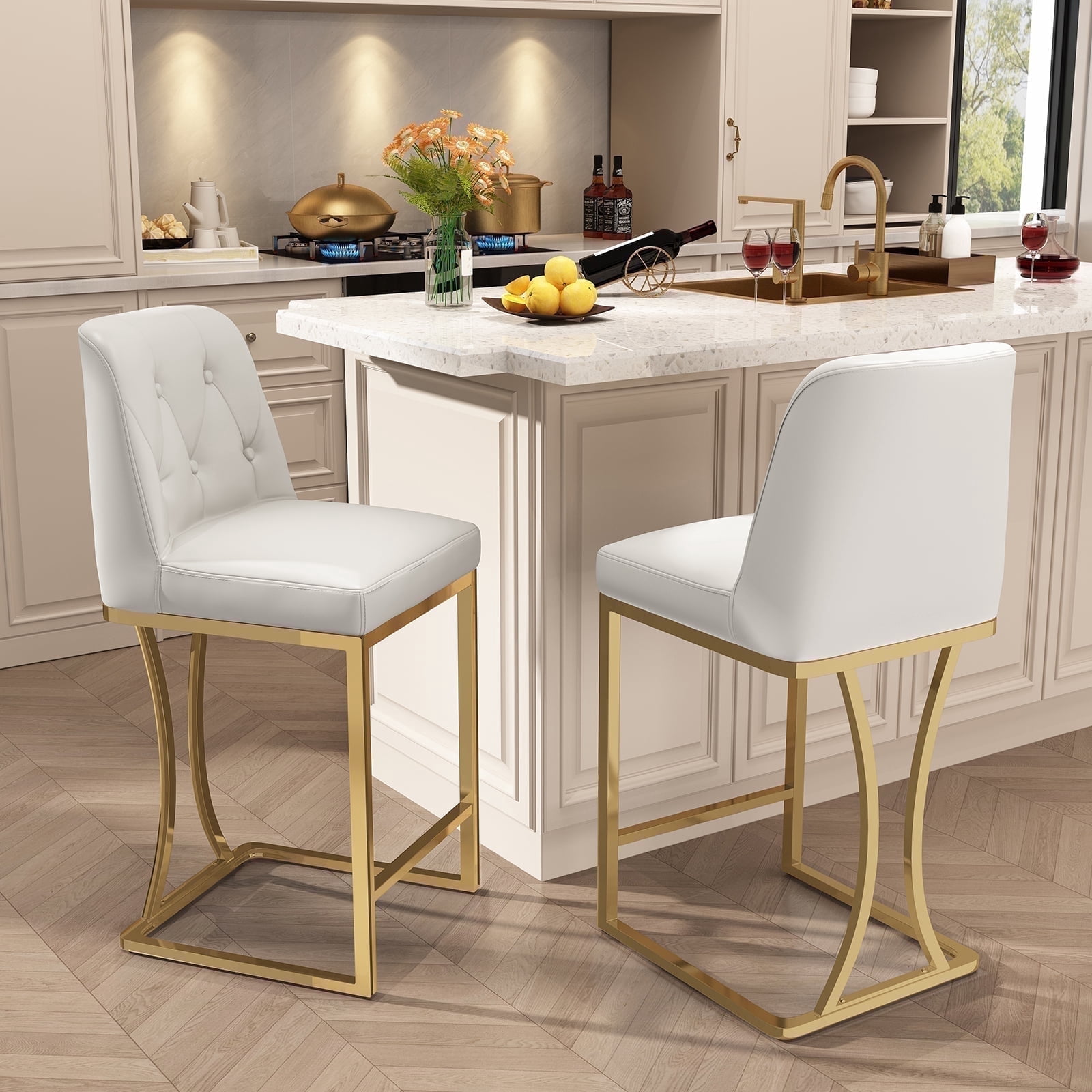 HomeZeer Counter Height Bar Stools Set of 2, Bar Stools with Back and Sliver Metal Frame, 24" Barstools with Footrest, Upholstered PU Leather Counter Stool Chairs for Kitchen Island,White