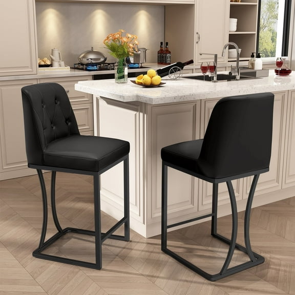 HomeZeer Counter Height Bar Stools Set of 2, Bar Stools with Back and Sliver Metal Frame, 24" Barstools with Footrest, Upholstered PU Leather Counter Stool Chairs for Kitchen Island,Black