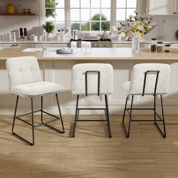 HomeZeer Counter Height Bar Stools Set of 3, 26" Velvet Fabric Bar Stools with Back & Footrest, Modern Upholstered Wide Seat Bar Chairs with Metal Legs for Kitchen Island, White