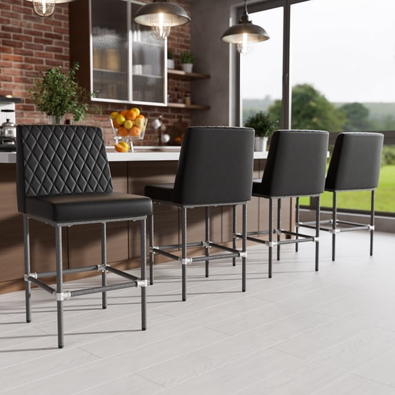 HomeZeer Counter Height Bar Stools Set of 4, 26" Industrial Kitchen Bar Stools with Back, 350lbs Modern Leather Barstools with Square Padded Seat and Painted Metal Frame for Kitchen Island, Black