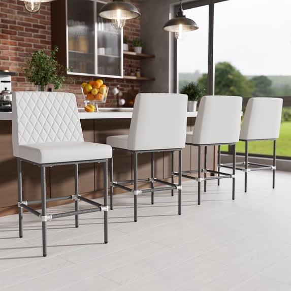 HomeZeer Counter Height Bar Stools Set of 4, 26" Industrial Kitchen Bar Stools with Back, 350lbs Modern Leather Barstools with Square Padded Seat and Painted Metal Frame for Kitchen Island, White