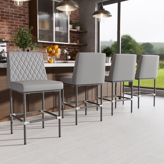 HomeZeer Counter Height Bar Stools Set of 4, 26" Industrial Kitchen Bar Stools with Back, 350lbs Modern Leather Barstools with Square Padded Seat and Painted Metal Frame for Kitchen Island, Gray