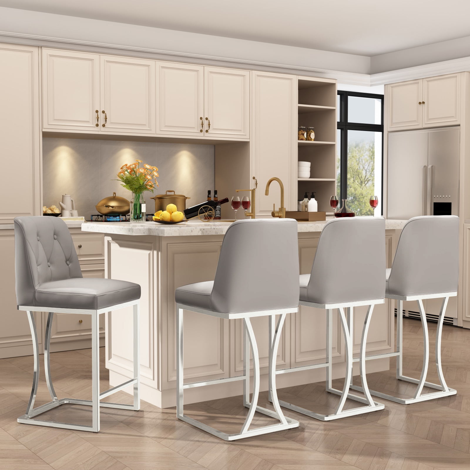 "HomeZeer Set of 4, 24"" Swivel High Counter Bar Stools, Upholstered PU Leather, Silver Metal ...