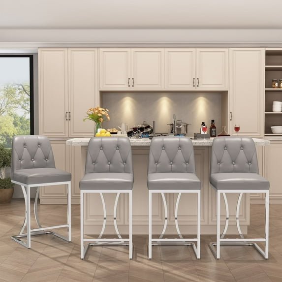 HomeZeer Counter Height Bar Stools Set of 4, Bar Stools with Back and Sliver Metal Frame, 24" Barstools with Footrest, Upholstered PU Leather Counter Stool Chairs for Kitchen Island,Grey