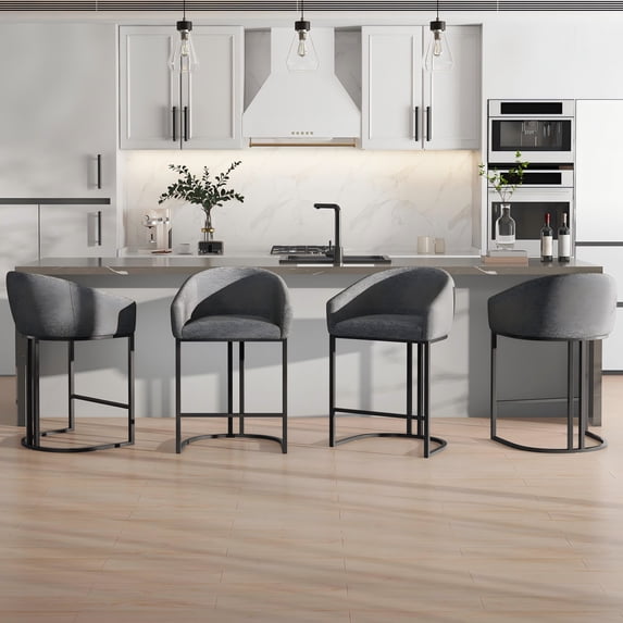 HomeZeer Counter Height Bar Stools Set of 4, Modern Barrel Bar Stool with and Footrest, Linen Fabric Counter Stools with Backrest and Arms, Upholstered Barstools Chairs for Kitchen Island, Grey