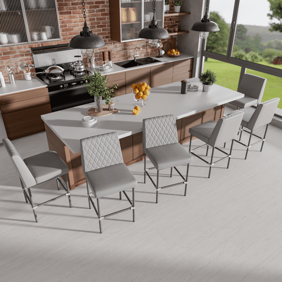 HomeZeer Counter Height Bar Stools Set of 6, 26" Industrial Kitchen Bar Stools with Back, 350lbs Modern Leather Barstools with Square Padded Seat and Painted Metal Frame for Kitchen Island, Gray