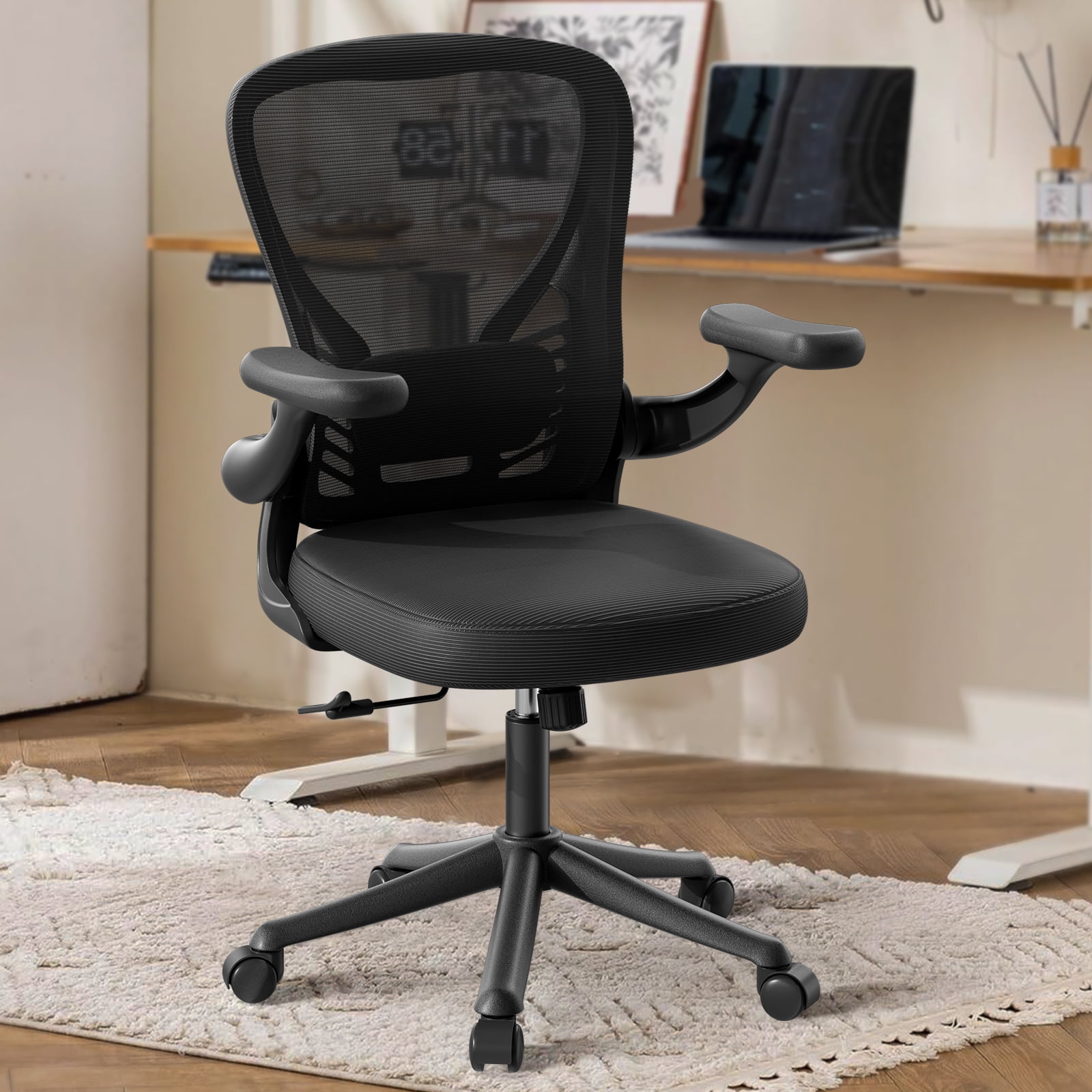 HomeZeer Desk Chairs with Wheels, Computer Office Chair with Lumbar support, Ergonomic Mesh Office Chair with Flip Up Arms and Black Metal Frames , Desk Chair 300lb Capacity, Black
