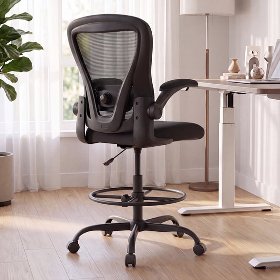 HomeZeer Ergonomic Drafting Chair, Tall Office Chair for Standing Desk, 330LBS Adjustable Height with Non-Slip Foot Ring, Flip-Up Arms & Lumbar Support for Art Studio, Drafting Table & Lab, Black
