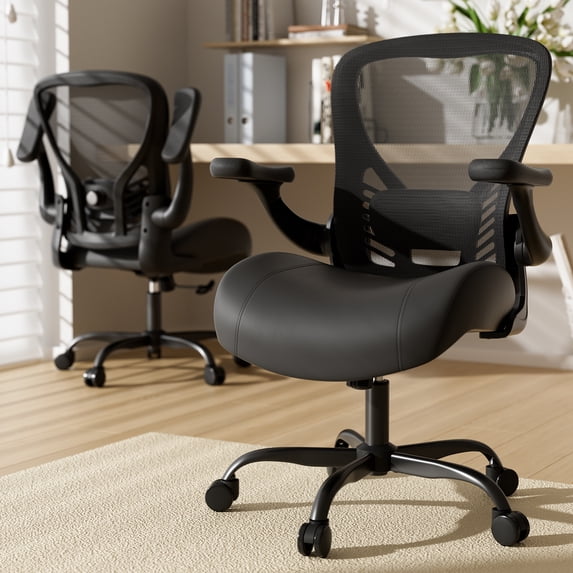 HomeZeer Ergonomic Office Chair, Mesh Back Desk Chair with Flip up arms, Swivel Computer Chair with Lumbar Support, Black Leather, 350lb