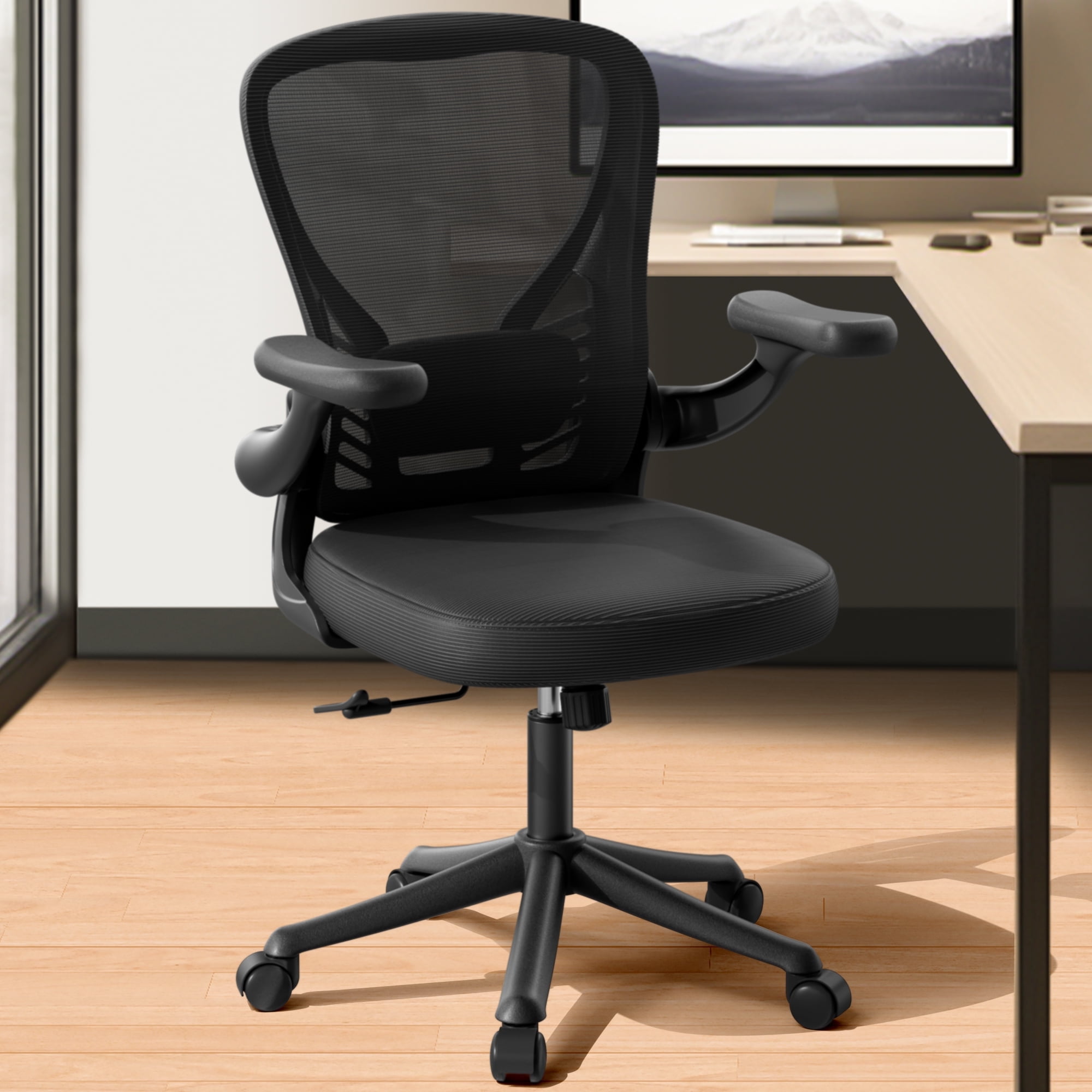 HomeZeer Ergonomic Office Chair, Home Desk Chair with Lumbar Support, Flip-up Arms Mesh Office Chair, Black