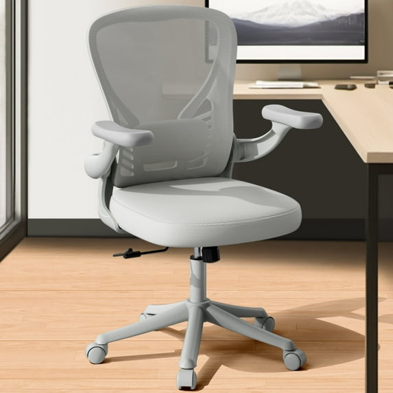 HomeZeer Ergonomic Office Chair, Home Desk Chair with Lumbar Support, Flip-up Arms Mesh Office Chair, Grey