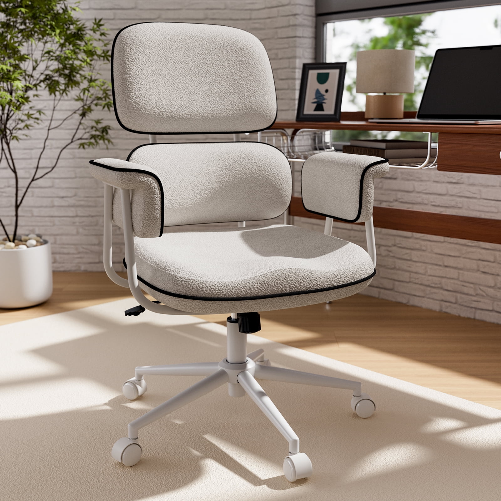 HomeZeer Executive Mid Century Modern Office Chair, White Linen Fabric with Memory Foam Wide Seat, Split Back, Padded Arms & Adjustable Height, Vintage Desk Chair for Home Office, Wheels Included