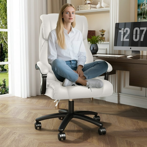 HomeZeer Executive Reclining Office Chair 400lbs, Leather Home Office Desk Chairs for Adults, Ergonomic High Back Computer Chair, Swivel Big and Tall Office Chair with Wheels, White