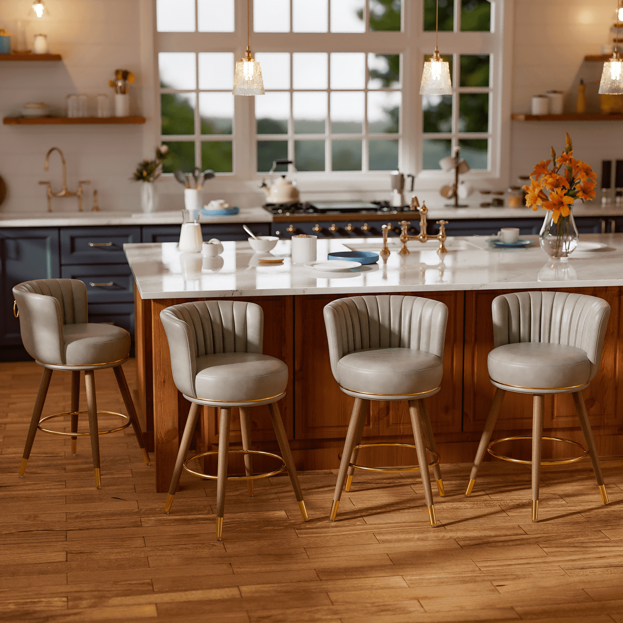 Green Leather Swivel Low Back Bar Stools with Wood Legs, Set of 4