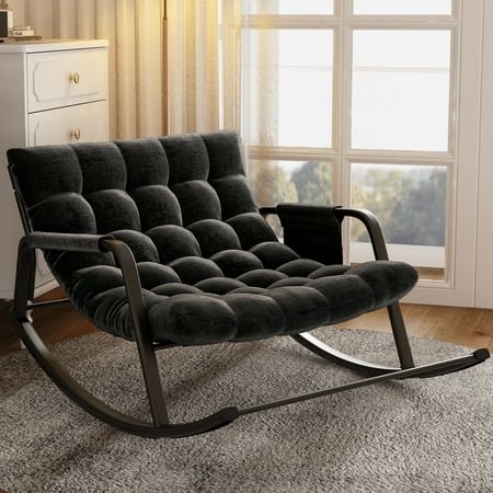 HomeZeer Indoor Rocking Chair with Cushion, Modern Grand Papasan Rocker Chairs, Oversize Papasan Recliner Chair for Living Room, Bedroom, Study Room, Black