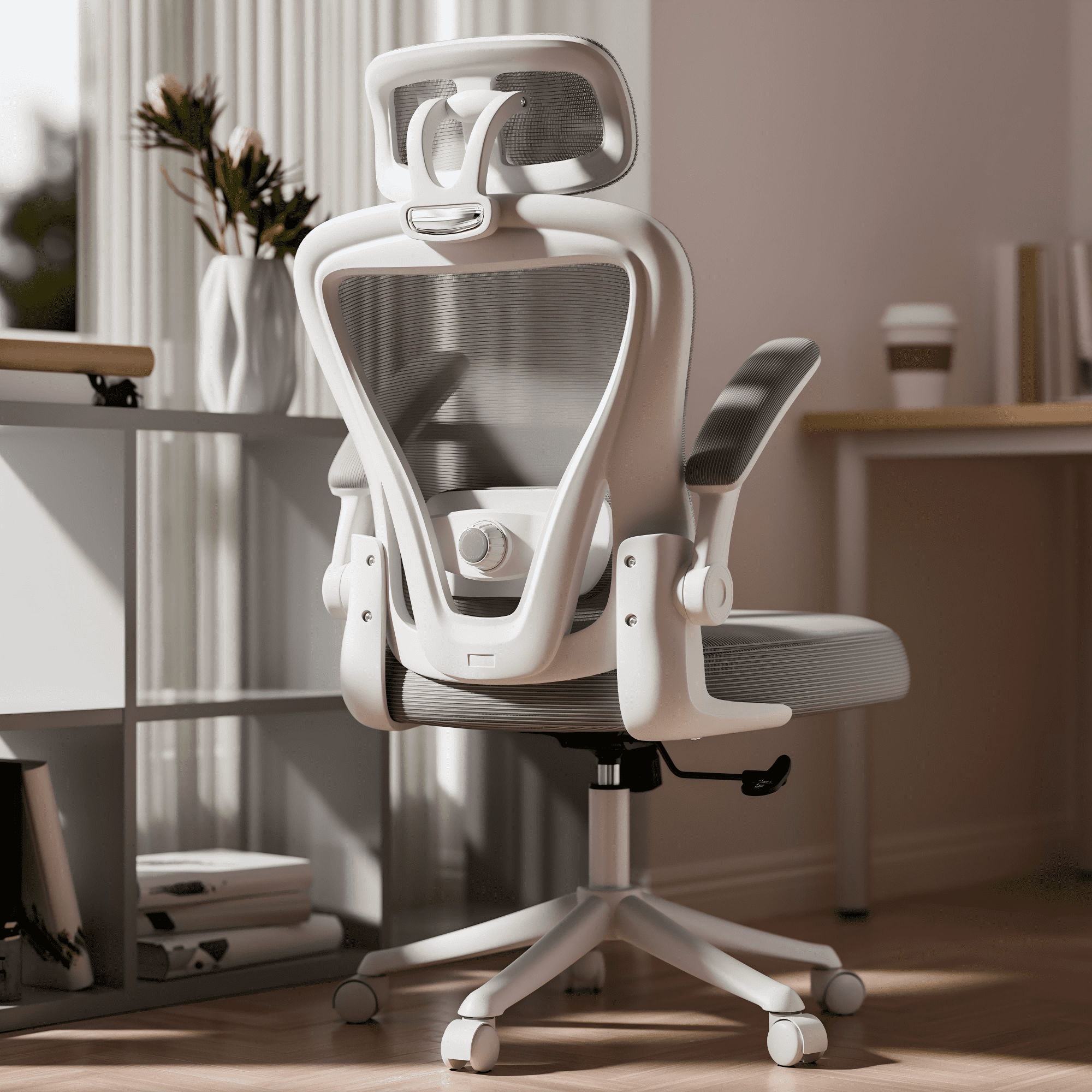 HomeZeer Desk Chairs with Wheels, Mesh Office Chair with Lumbar Support, Ergonomic High Back Office Chair with Adjustable Headrest and Flip-up Arms, Executive Office Chair Home Office, White & Gray