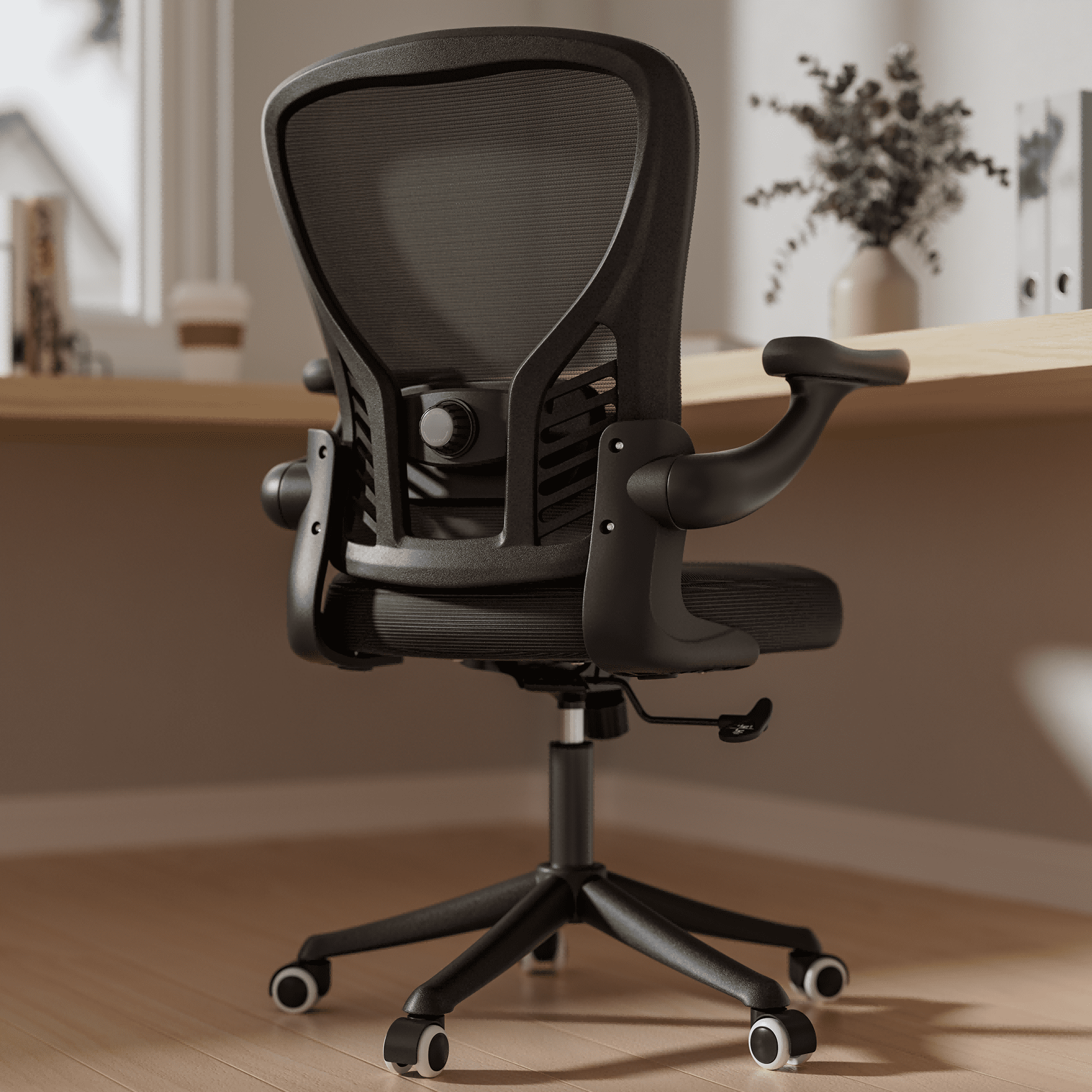 HomeZeer Mesh Office Desk Chair, Mid-Back Ergonomic Computer Desk Chair with Flip Up Armrest, Swivel Home Office Chair with Lumbar Support, Black
