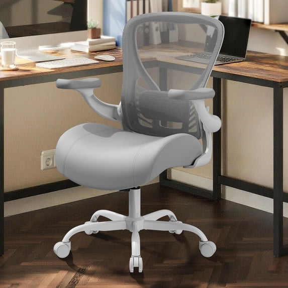 HomeZeer Mid Back Office Desk Chair, Swivel Computer Desk Chair with Lumbar Support, Mesh Home Office Chair with Flip Up Armrest, Gray
