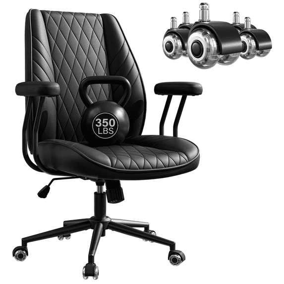 HomeZeer Mid-Century Modern PU Leather Office Chair, Quiet Roller Casters, Adjustable Height & Padded Arms, Vintage Executive Desk Chair for Home Office, Black