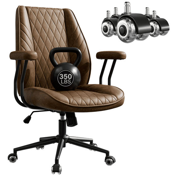 HomeZeer Mid-Century Modern PU Leather Office Chair, Quiet Roller Casters, Adjustable Height & Padded Arms, Vintage Executive Desk Chair for Home Office, Brown