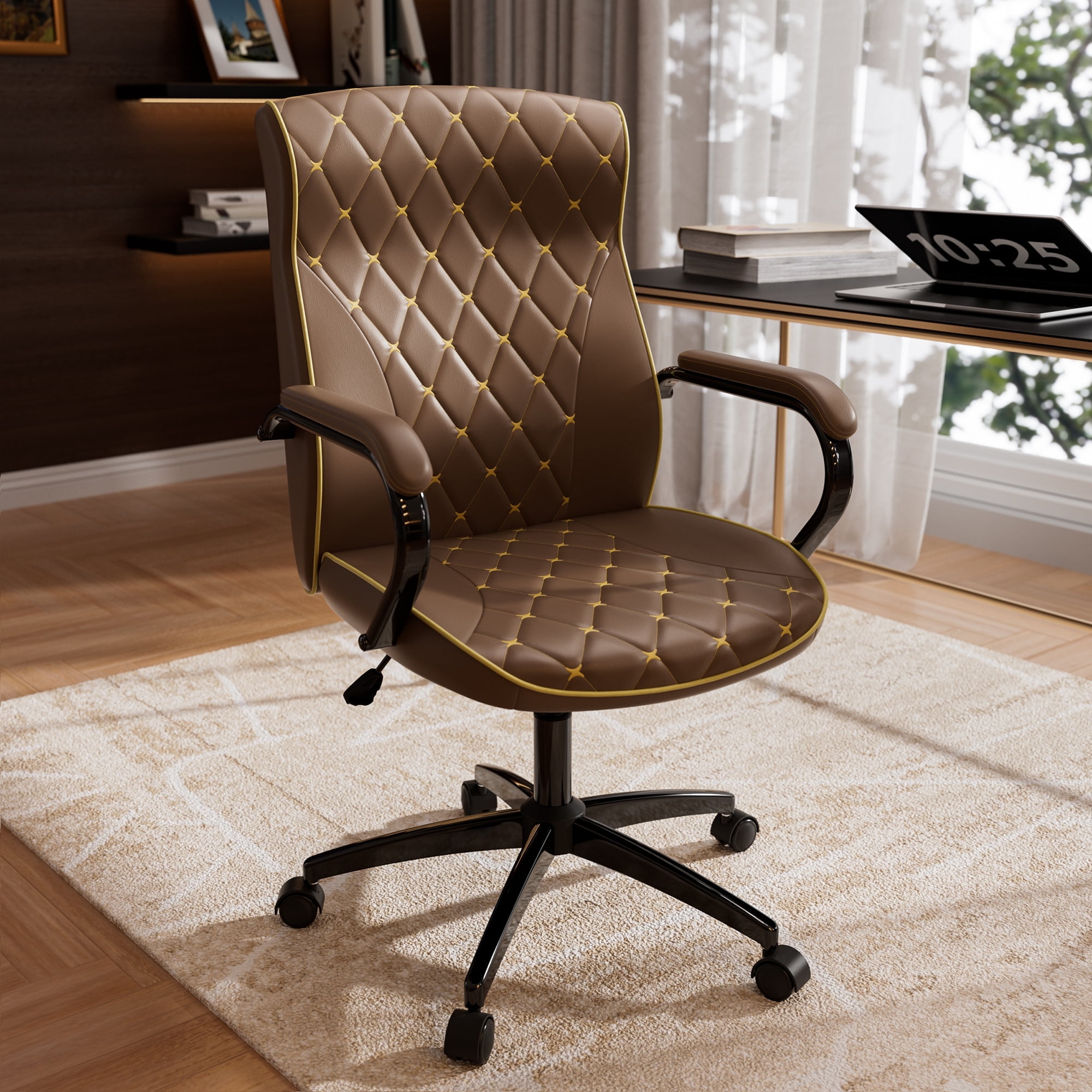 HomeZeer Office Chair with Wheels, Ergonomic High Back Executive Desk Chair with Padded Arms, Modern PU Leather Embroidery Computer Chair with Rocking Function, Brown