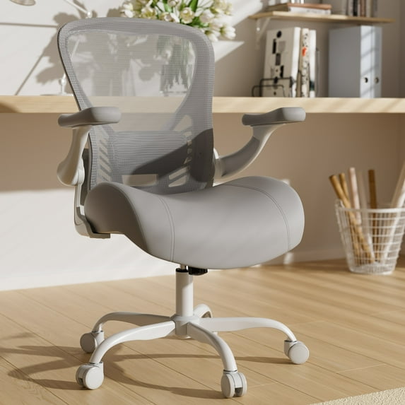HomeZeer Office Desk Chair, Ergonomic 350LBS Breathable Technical Mesh Back & Molded Leather Seat, 3D Flip-Up Arms, Adjustable Lumbar Support & Height, Swivel Wheels for Home Office, White