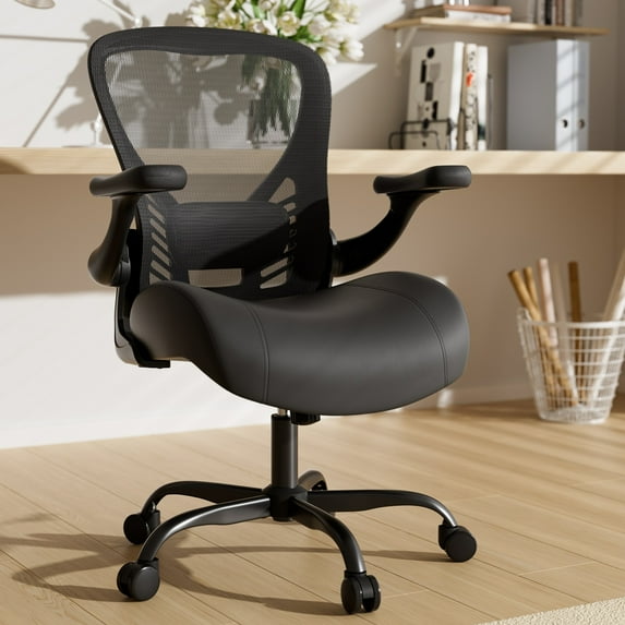 HomeZeer Office Desk Chair, Ergonomic 350LBS Breathable Technical Mesh Back & Molded Leather Seat, 3D Flip-Up Arms, Adjustable Lumbar Support & Height, Swivel Wheels for Home Office, Black