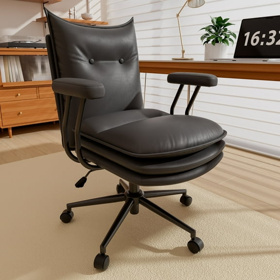 HomeZeer PU Leather Office Chair with Wheels, Mid Back 300lbs Desk Chair, Thickened & Widened Padded Seat, Computer Task Chair with Adjustable Height for Home Office, Black