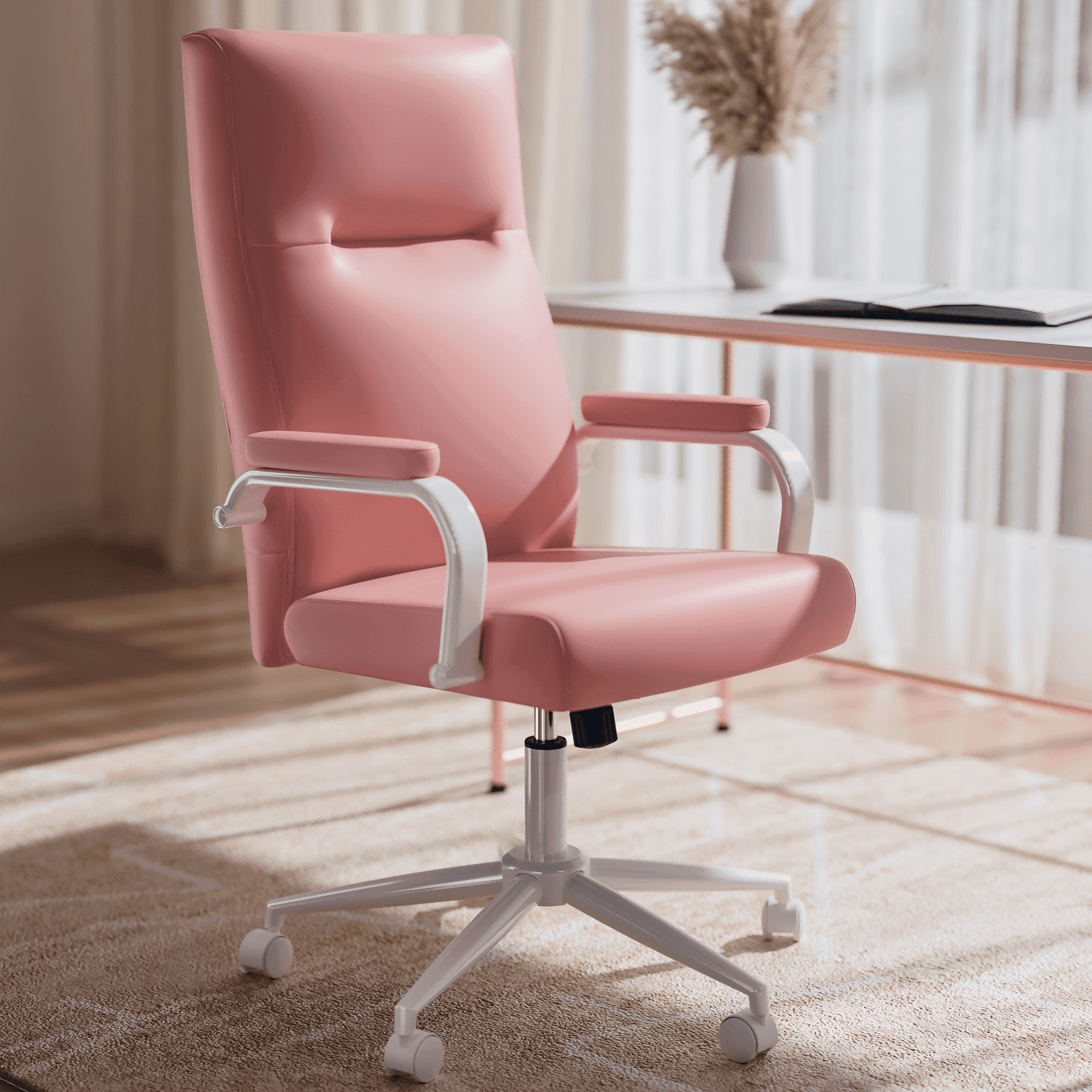 Homezeer Pink Ergonomic High Back Desk Chair with Adjustable Height, Wheels, Leather Office Chair for Girls