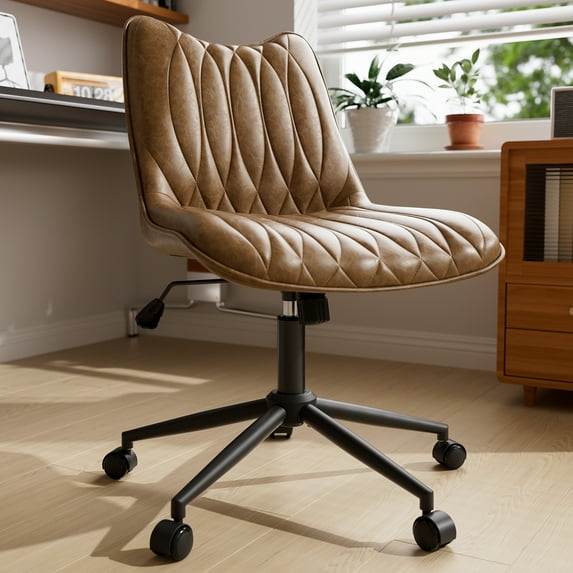 HomeZeer Space Saving Armless Office Chair, Adjustable Height PU Leather Swivel Chair with Wheels, Modern Task Chair for Small Spaces, Home Office & Bedroom, Brown