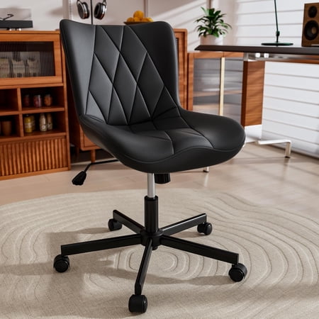 HomeZeer Space Saving Armless Office Chair with Wheels, Adjustable Height PU Leather Swivel Computer Task Chair, Soft Padded Mid Back Vanity Chair Design for Home Office & Small Spaces, Black