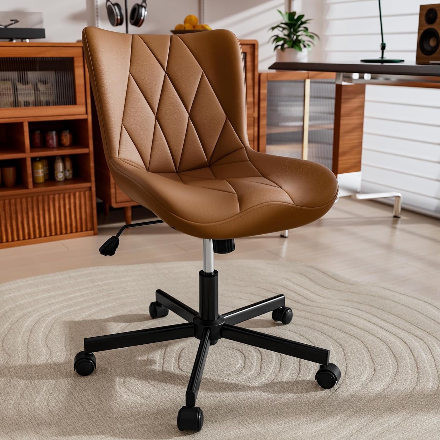 HomeZeer Space Saving Armless Office Chair with Wheels, Adjustable Height PU Leather Swivel Computer Task Chair, Soft Padded Mid Back Vanity Chair Design for Home Office & Small Spaces, Brown