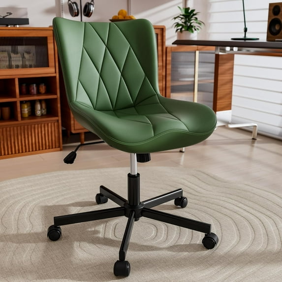 HomeZeer Space Saving Armless Office Chair with Wheels, Adjustable Height PU Leather Swivel Computer Task Chair, Soft Padded Mid Back Vanity Chair Design for Home Office & Small Spaces, Green