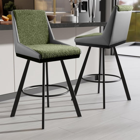 HomeZeer Swivel Bar Stools Set of 2, 26" Counter Height with Back & Footrest, PU Leather & Loop Yarn Fabric Upholstered Seat, Modern Counter Stools with Black Metal Legs for Kitchen Island, Green