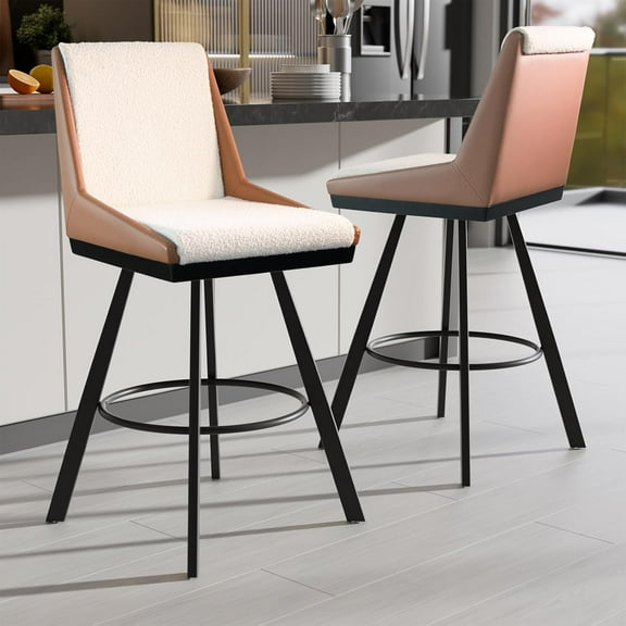 HomeZeer Swivel Bar Stools Set of 2, 26" Counter Height with Back & Footrest, PU Leather & Loop Yarn Fabric Upholstered Seat, Modern Counter Stools with Black Metal Legs for Kitchen Island, Brown