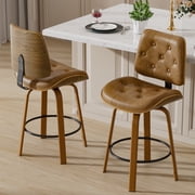 HomeZeer Swivel Bar Stools Set of 2, 26" Counter Height Stools with Bentwood Back & Footrest, PU Leather Upholstered Mid Century Modern Stool with Metal Legs for Kitchen Island, Brown