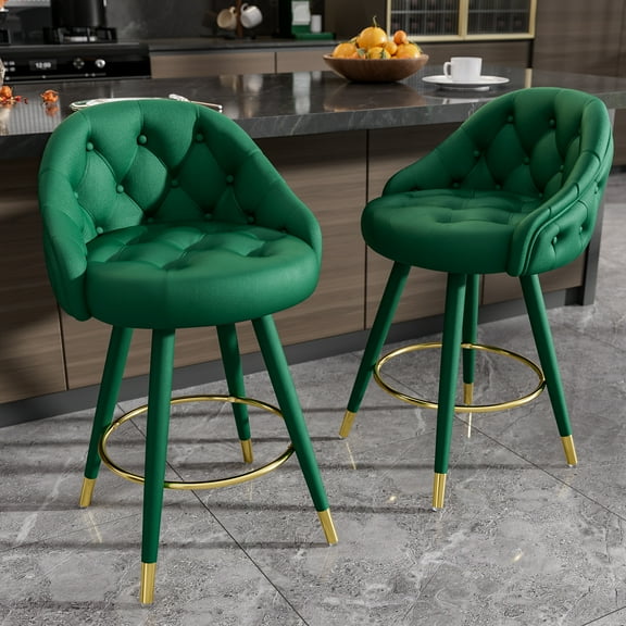 HomeZeer Swivel Bar Stools Set of 2, 26"Velvet Counter Height Tufted with Wood Legs & Footrest, 300lb Capacity Upholstered Stools for Kitchen Island, Green
