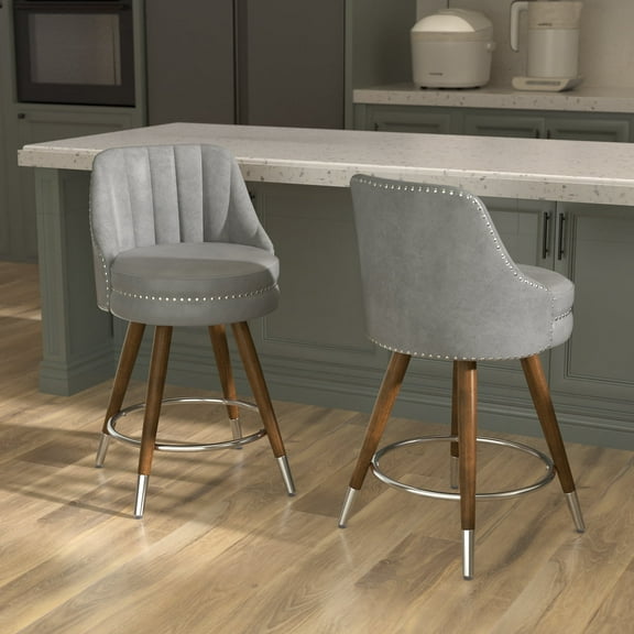 HomeZeer Swivel Bar Stools Set of 2, Counter Height Bar Stools with Back, Leather Swivel Counter Stools with Wood Legs and Footrest, Upholstered Bar Stools Chairs for Kitchen Island, Grey