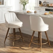 HomeZeer Swivel Bar Stools Set of 2, Counter Height Bar Stools with Back, Leather Swivel Counter Stools with Wood Legs and Footrest, Upholstered Bar Stools Chairs for Kitchen Island, White