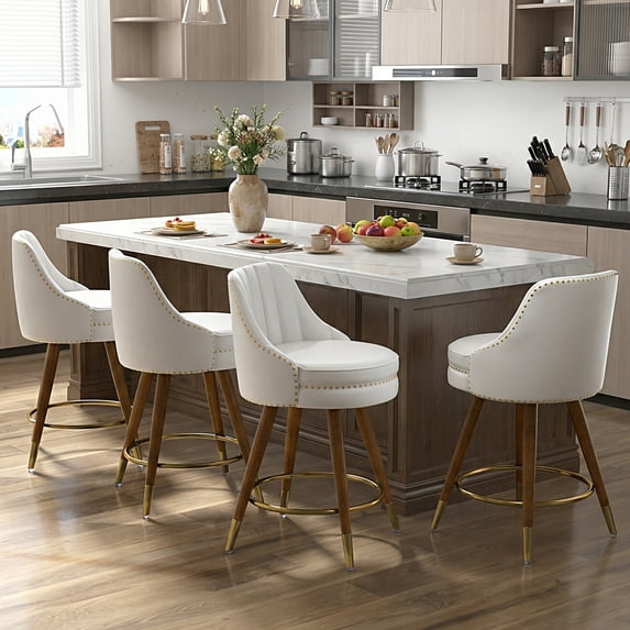 HomeZeer Swivel Bar Stools Set of 4, Counter Height Bar Stools with Back, Leather Swivel Counter Stools with Wood Legs and Footrest, Upholstered Bar Stools Chairs for Kitchen Island, White